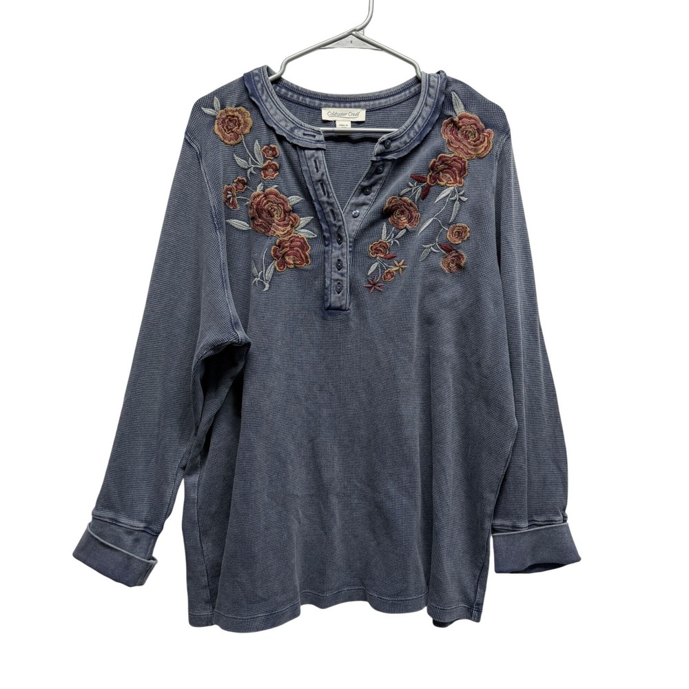 Coldwater Creek Womens 2X Blue Floral Embroidered Waffle Knit Henley Thermal Top